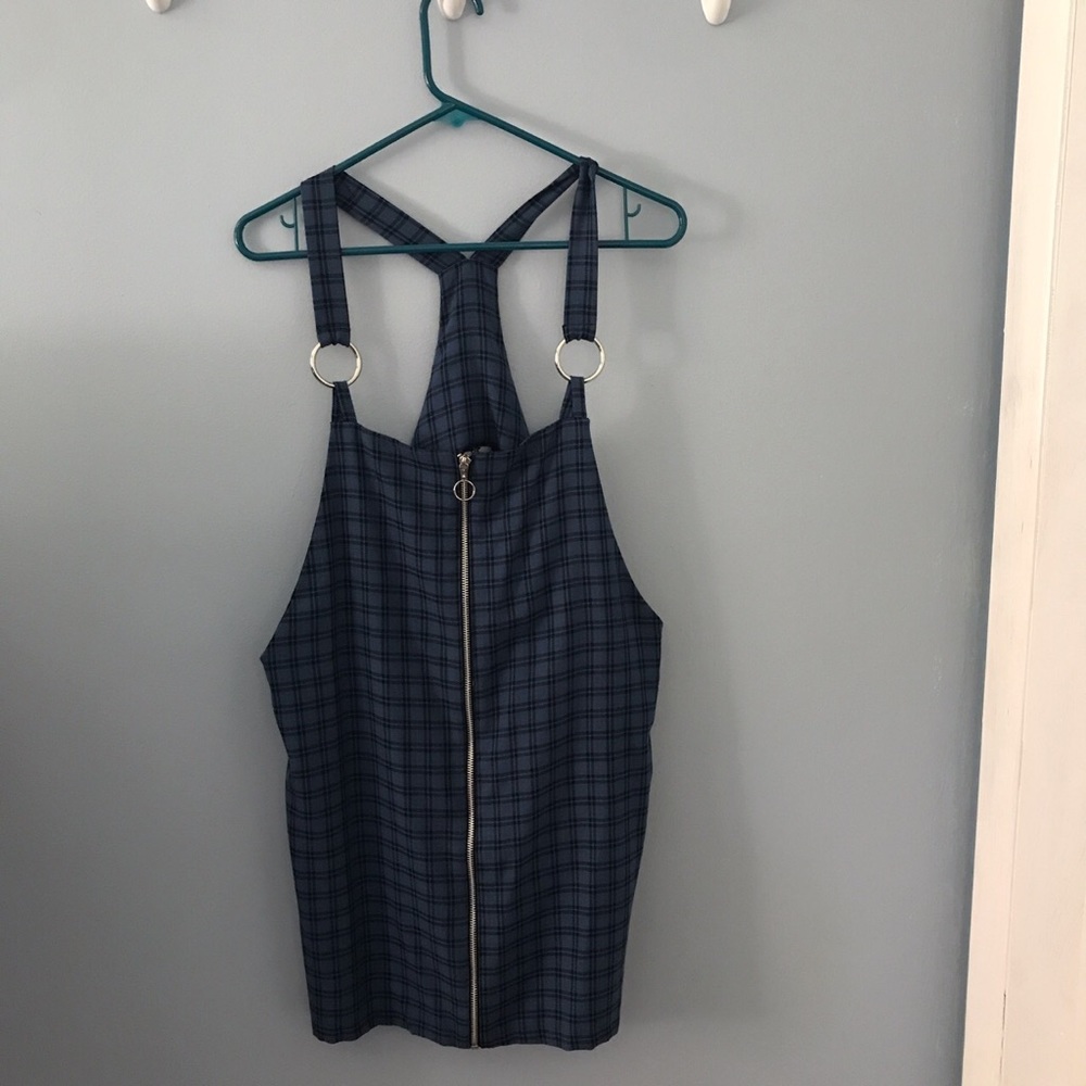The Ragged Priest blue plaid o-ring zipper overall dress